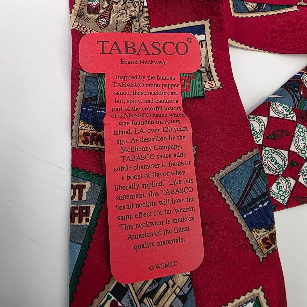 VINTAGE TABASCO TIE MENS RED POSTAGE STAMPS 100% SILK USA AOP NWT HOT SAUCE CHEF